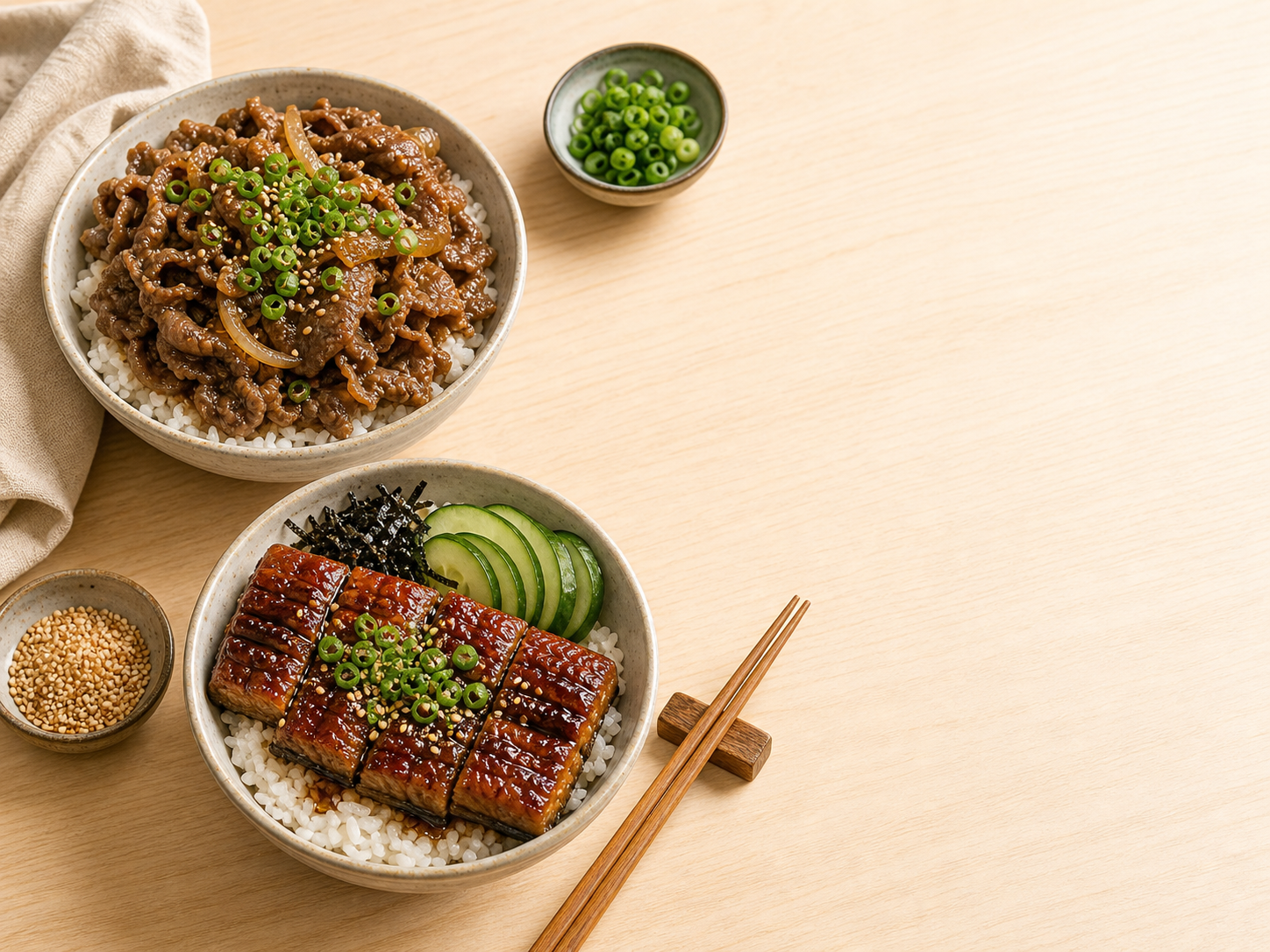 Beef rice bowl and grilled eel rice bowl