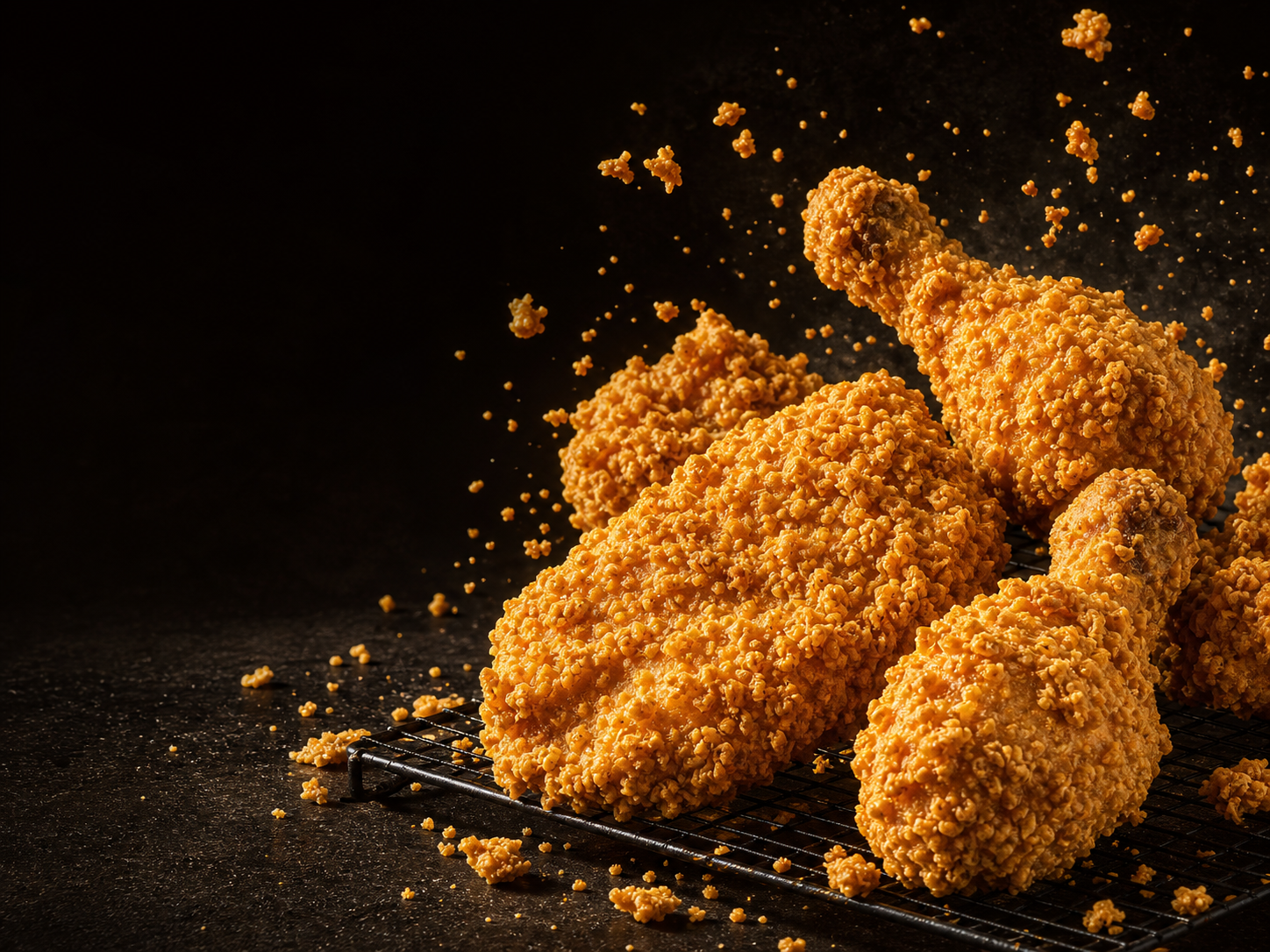 Golden crispy chicken cutlet and drumsticks with flying crumbs